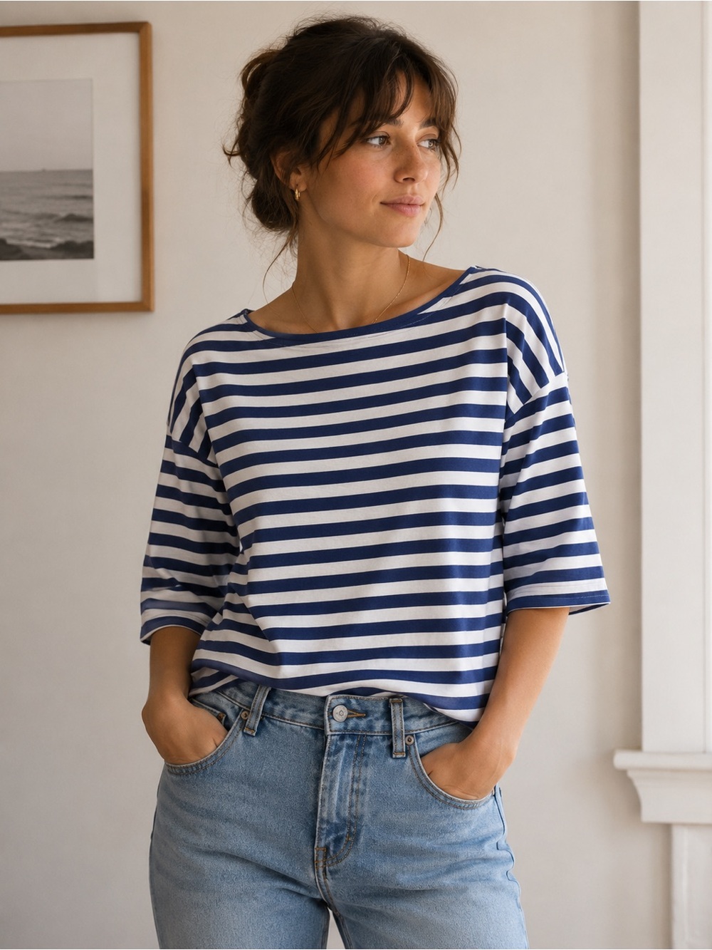 Tommy Bahama Navy and White Striped Boatneck Tee